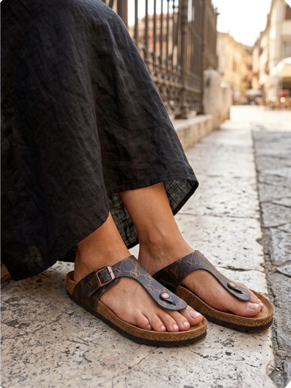 Valentino by Mario Valentino Logo Leather Cork T-Strap Birkie Sandals Sz 8-8.5